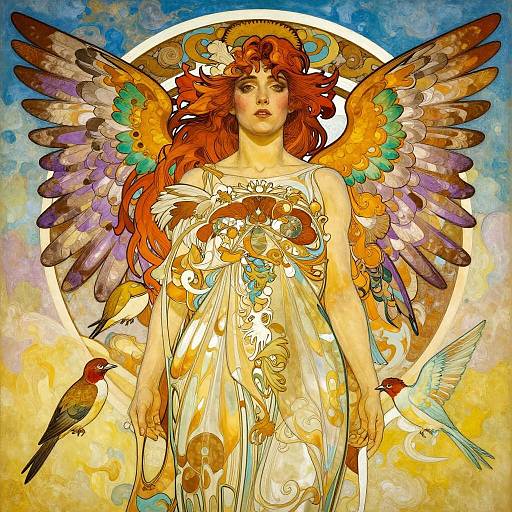 Symmetrical Birds in Alphonse Mucha Style