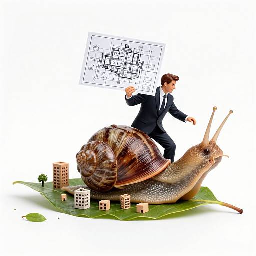 Photograph: Businessman in black suit, holding blueprint, runs on large leaf, atop giant snail with brown shell and dice buildings.