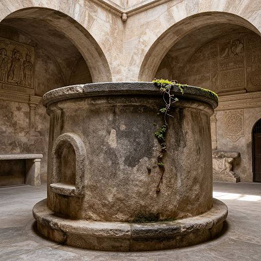 Photograph of a weathered stone water fountain with greenery, set in an arched, ancient stone courtyard with detailed carvings.