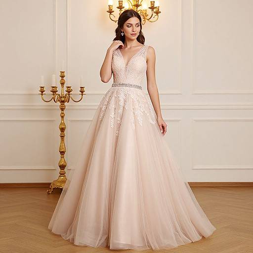 Photograph of a brunette woman in a white lace, sleeveless, V-neck ball gown with a full, pink tulle skirt, standing in an