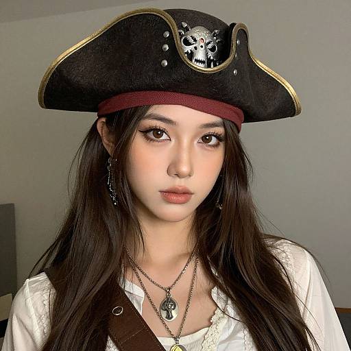 Photograph of a young woman with long dark hair, wearing a black pirate hat with a skull emblem, white shirt, and necklace, against a plain