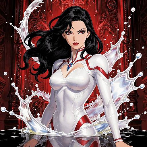 Digital comic art of a fierce, black-haired woman in a tight, white, form-fitting suit, splashing water, against a red, orn