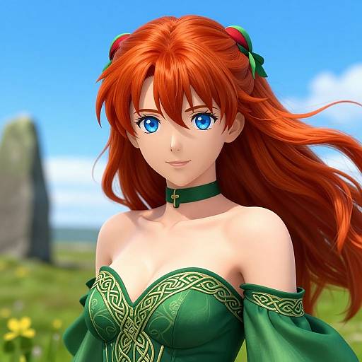 Digital anime-style artwork of a red-haired woman with blue eyes, wearing a green, off-shoulder, Celtic-inspired dress, against a bright blue
