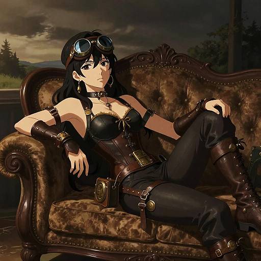Digital artwork of a sultry, dark-haired woman in steampunk attire with goggles, black leather corset, and pants, lounging on a