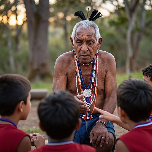 Photograph of an elderly, shirtless Indigenous man with white hair and black feathered headpiece, adorned with colorful bead necklaces, sitting among three