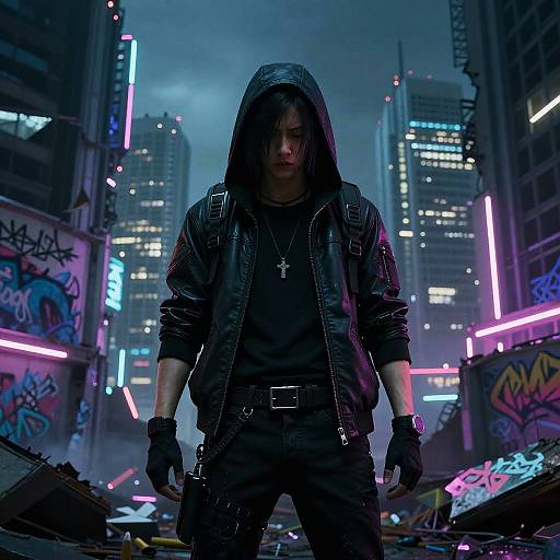 Cyberpunk cityscape at night, neon lights, graffiti-covered buildings. Hooded, black-jacketed man with gloves and cross necklace stands confidently