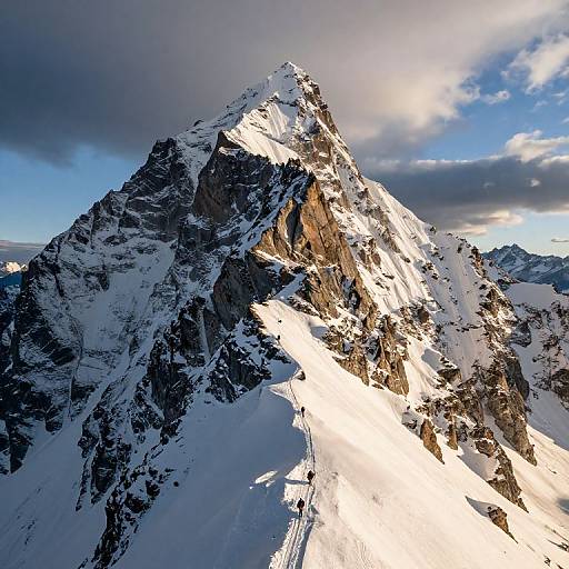 Photograph of a towering, snow-capped mountain peak with rugged, dark rocky cliffs, partially shadowed by a dramatic cloud-filled sky.