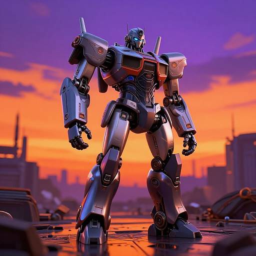 Digital artwork of a silver, blue, and red robot standing in a cityscape at sunset, with orange and purple skies.
