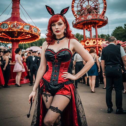 Woman in Crimson Bunny Costume at Amusement Park Festival