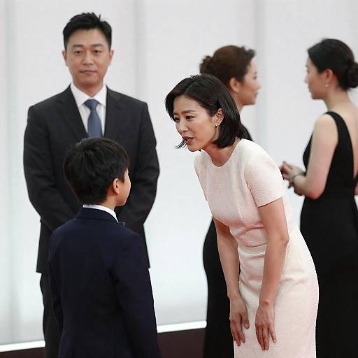 Woman in White Dress Talking to Boy at Formal Event