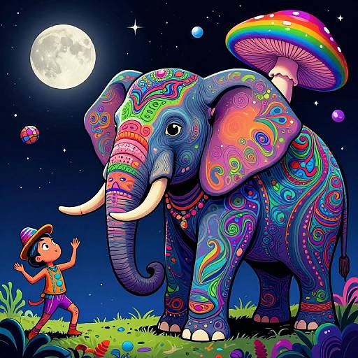 Colorful illustration of a child in a hat playing with a vibrant, patterned elephant under a full moon, with a mushroom hat on its head.