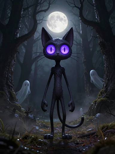 Digital artwork of a tall, black, cat-like creature with glowing purple eyes standing in a dark, misty forest under a full moon, with ghost