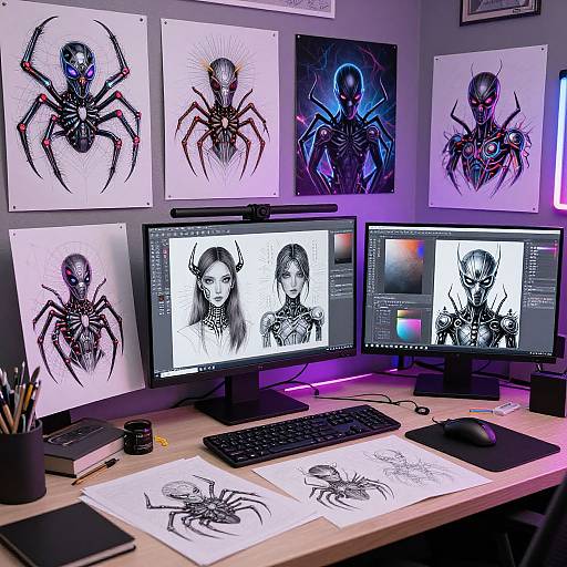 Photograph of a neon-lit desk displaying six spider-themed artwork prints and three computer monitors showing digital spider drawings.