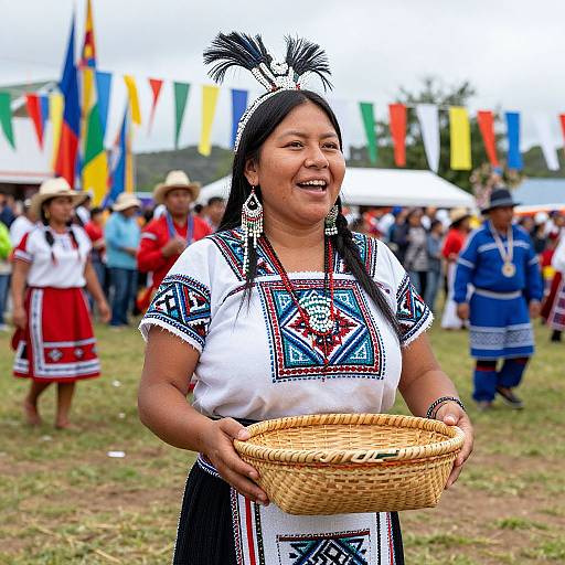 Photograph of a smiling indigenous woman in traditional white embroidered dress with black and blue patterns, holding a woven basket, standing in a grassy field with