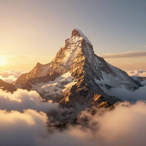 Photograph of a majestic, snow-capped mountain peak bathed in golden sunset light, surrounded by clouds, with a clear, blue sky above.