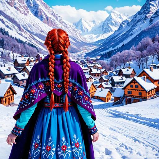 Woman in Blue and Purple Embroidered Dress in Snowy Mountain Village
