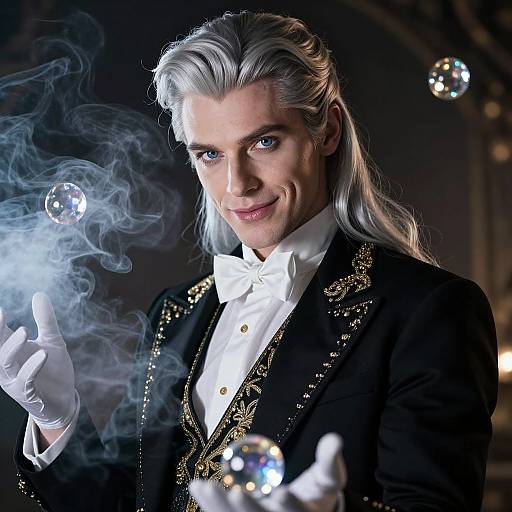 Photograph of a silver-haired man in a black, gold-embellished tuxedo, white gloves, and bow tie, conjuring smoke