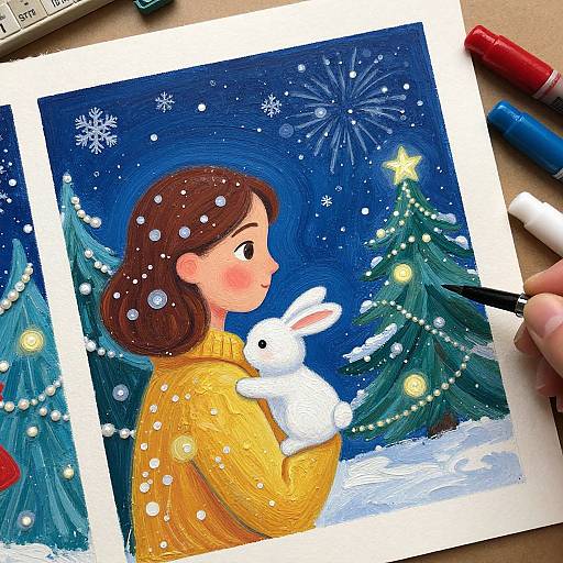 Colorful digital drawing of a girl in a yellow sweater holding a white rabbit, snowy night, Christmas trees, fireworks, and stars. Paintbrushes