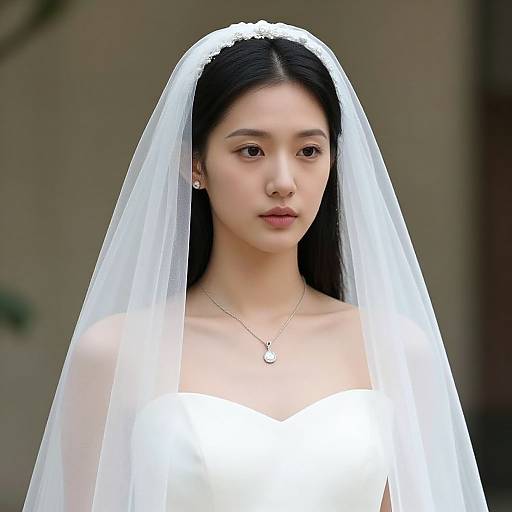 Photograph of an Asian bride with long black hair, wearing a white strapless wedding dress and translucent veil, looking forward.