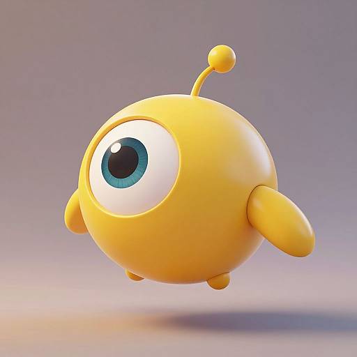 CGI image of a cute, yellow, round, alien-like creature with a large blue eye, small arms, and antennae, floating against a