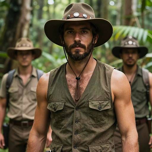 Photograph of a bearded, muscular man in a green sleeveless shirt and wide-brimmed hat, leading two men in jungle attire, with