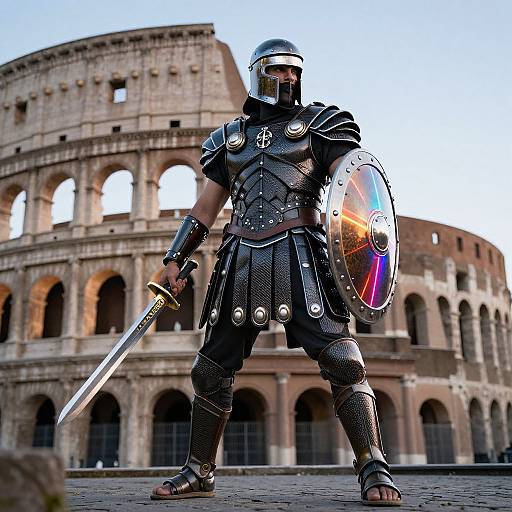 Photorealistic CGI of a muscular gladiator in black armor, holding a sword and reflective shield, standing before the Colosseum.