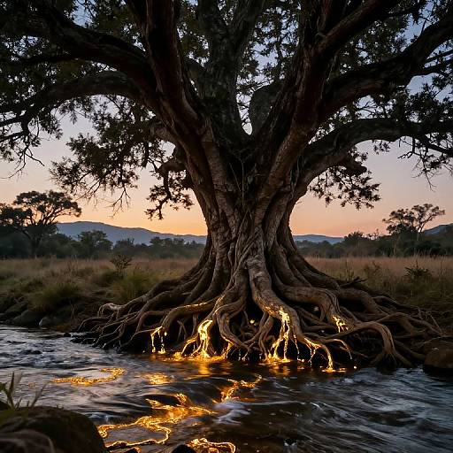 Photograph of a large, ancient tree with glowing, fiery roots emerging from a stream during a sunset, surrounded by grassy hills.