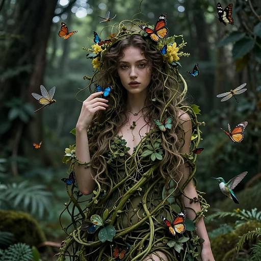 Digital fantasy artwork of a young woman with long, curly brown hair, adorned with vines, flowers, and butterflies, standing in a lush forest. Vibr