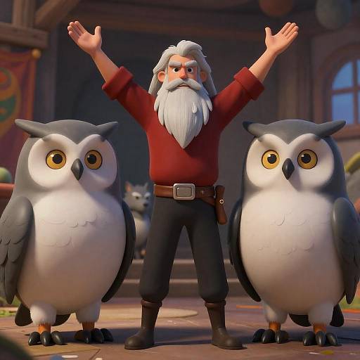 Fantasy Scene with Owl Creatures and Wolf