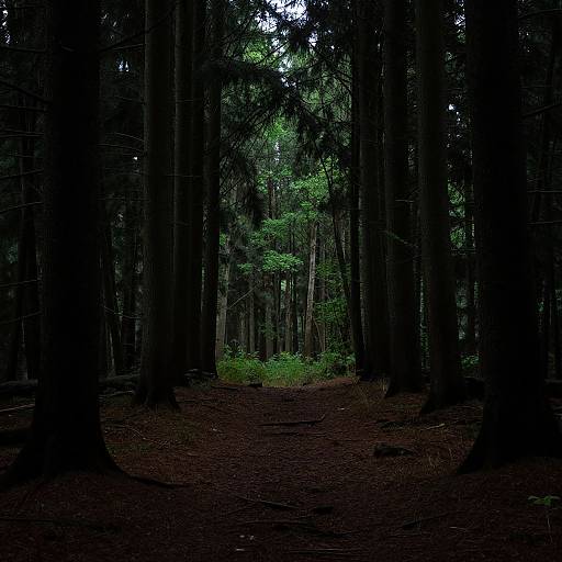 Photograph of a dark, dense forest with tall, shadowy trees and a narrow, dirt path leading to a small, green, sunlit clearing