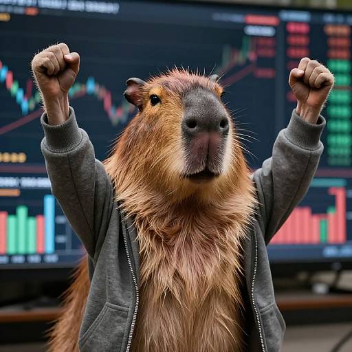 Photograph of a brown, fluffy rat wearing a gray hoodie, fists raised triumphantly in front of a stock market screen.
