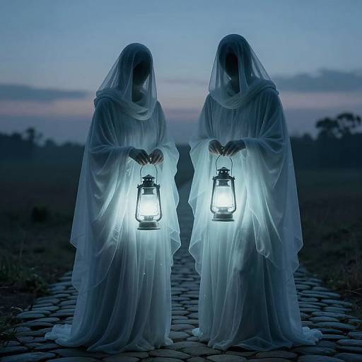 Photograph of two ethereal, ghostly figures in white, hooded robes holding glowing lanterns, standing on a cobblestone path at twilight