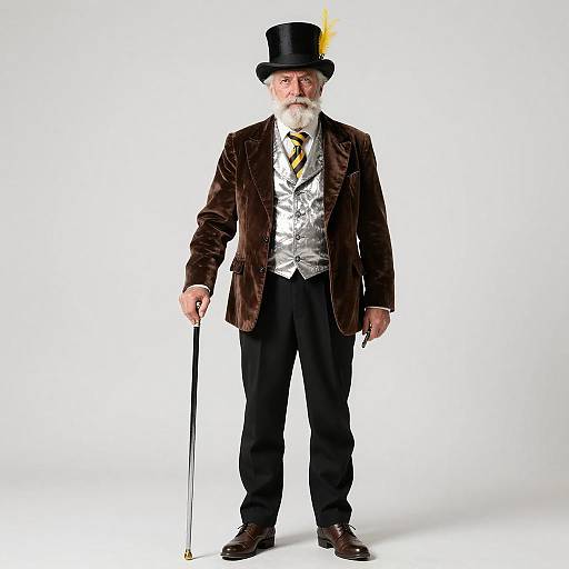 Photograph of an elderly white man with a white beard, wearing a black top hat with a yellow feather, brown velvet jacket, white vest, black