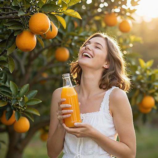 Smiling woman with shoulder-length brown hair, in a white sleeveless dress, holding an orange juice bottle under an orange tree at sunset.