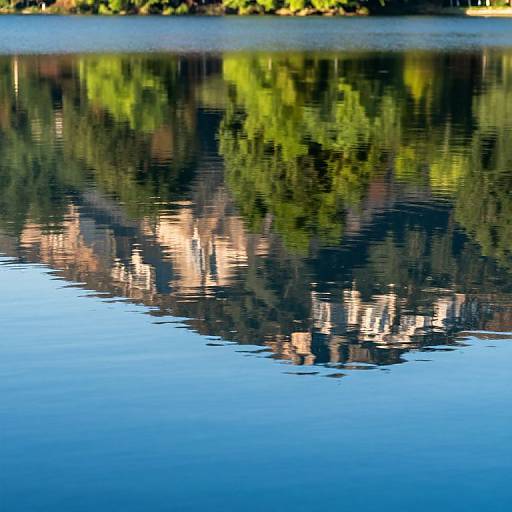 Photograph of a calm lake reflecting vibrant green trees and blurred, sunlit buildings with rippling water, creating a serene, mirrored effect.