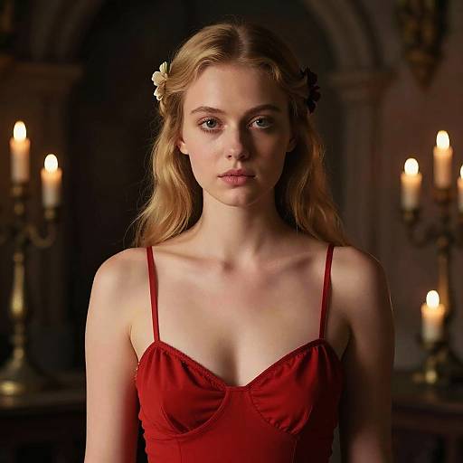 Photograph of a young blonde woman with fair skin, wearing a red, low-cut camisole, and a white flower in her hair, standing