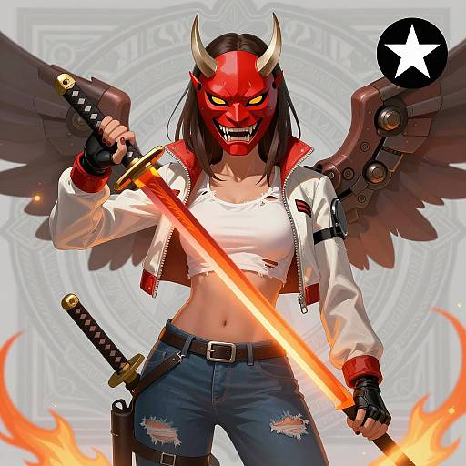 Fierce Female Warrior with Demon Mask