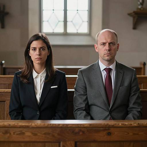 Serious Man and Woman Sitting in Church Pew