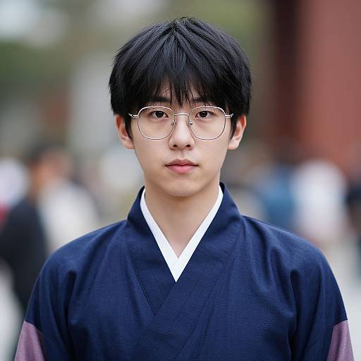 Photograph of an East Asian man with black hair, glasses, and a navy kimono, standing outdoors with a blurred background.