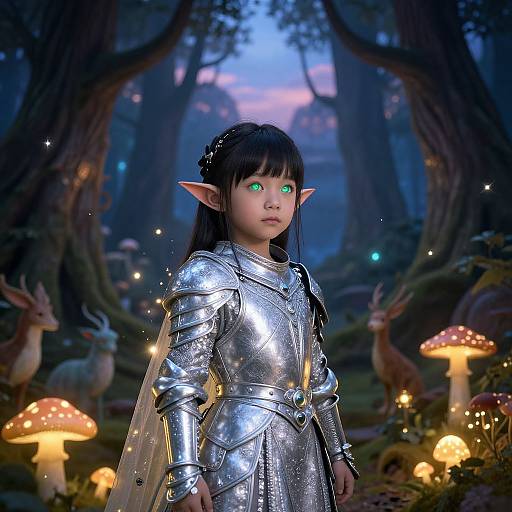 Fantasy photograph of a young elf girl with glowing green eyes, wearing shiny silver armor, standing in a magical forest with glowing mushrooms and deer, twilight