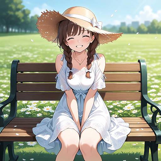 Sunhat Smile on Park Bench