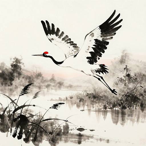 Digital ink painting of a black and white crane with a red head, wings spread, flying over a reflective water body with black grass.
