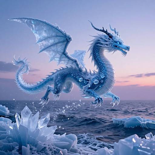Digital artwork of a glowing blue dragon with translucent wings, surrounded by ice crystals, leaping over a frozen ocean at sunset.