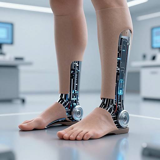 Photograph of a person's legs with robotic, cybernetic ankle joints, featuring sleek, metallic design and small wheels, standing in a futuristic,