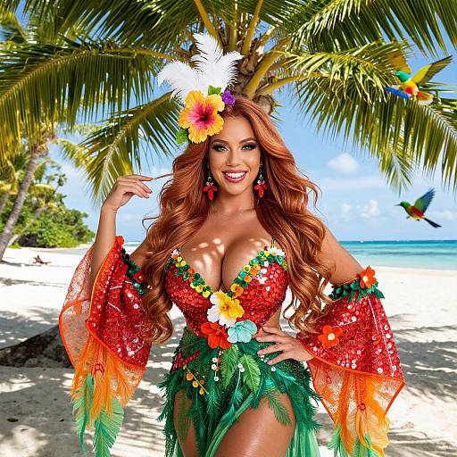 Photograph of a smiling woman with long red hair, wearing a red sequin bikini top, green leaf skirt, and flower headpiece, standing on