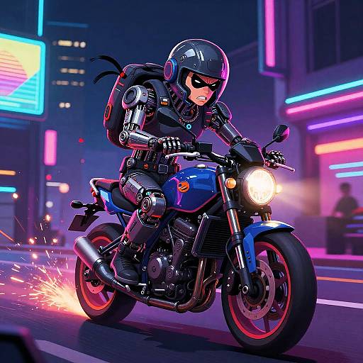 Digital art: Cyberpunk-style female motorcyclist in black armor and helmet, riding a blue motorcycle with bright headlights, neon-lit cityscape background