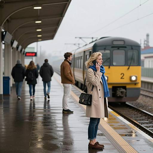 Rainy Platform Scene with Talking Woman