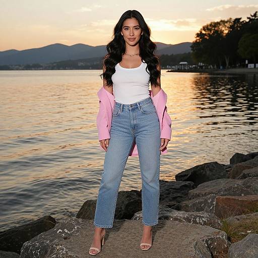 Woman on Rocky Shoreline at Sunset