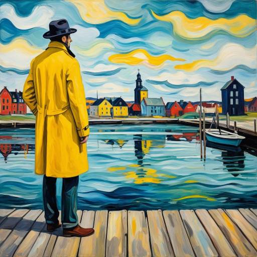 Expressionist Dock Scene with Man in Yellow