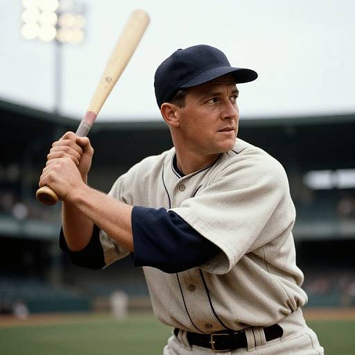 Photograph of a Caucasian male baseball player in white uniform and navy cap, holding a wooden bat, poised to swing in a stadium.